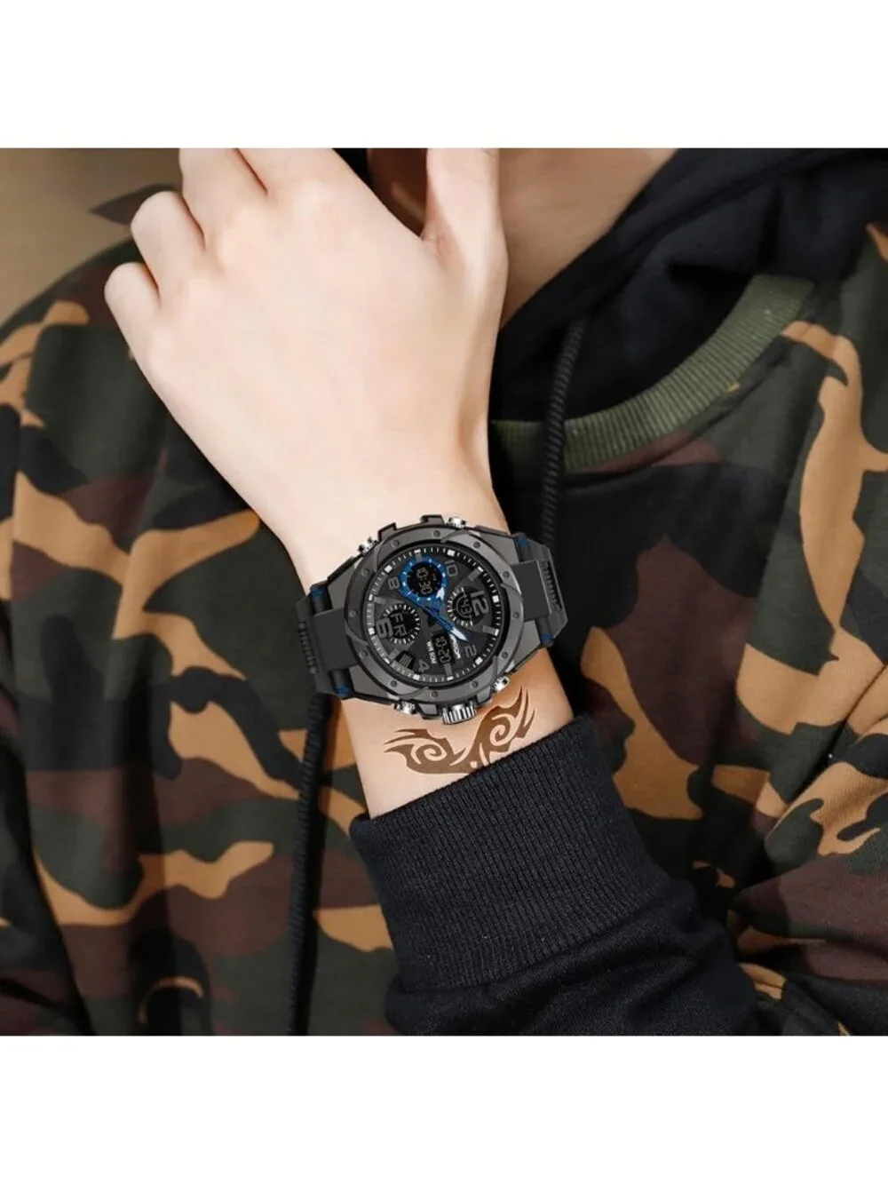 Men's Black Blue Analog Quartz Sport Waterproof Military Tactical Digital Watch